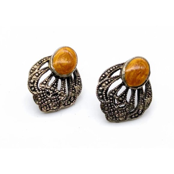 Vintage Terra Cotta Stud Earrings, Brown Enamel and Silver Tone Faux Marcasite - Picture 1 of 4